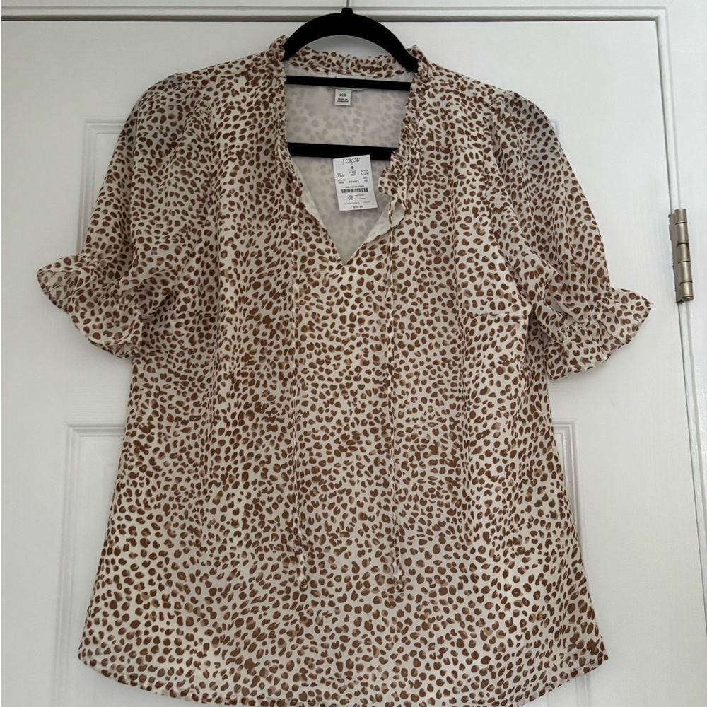 J. Crew Factory Brown and White Patterned ruffle neck tie Blouse